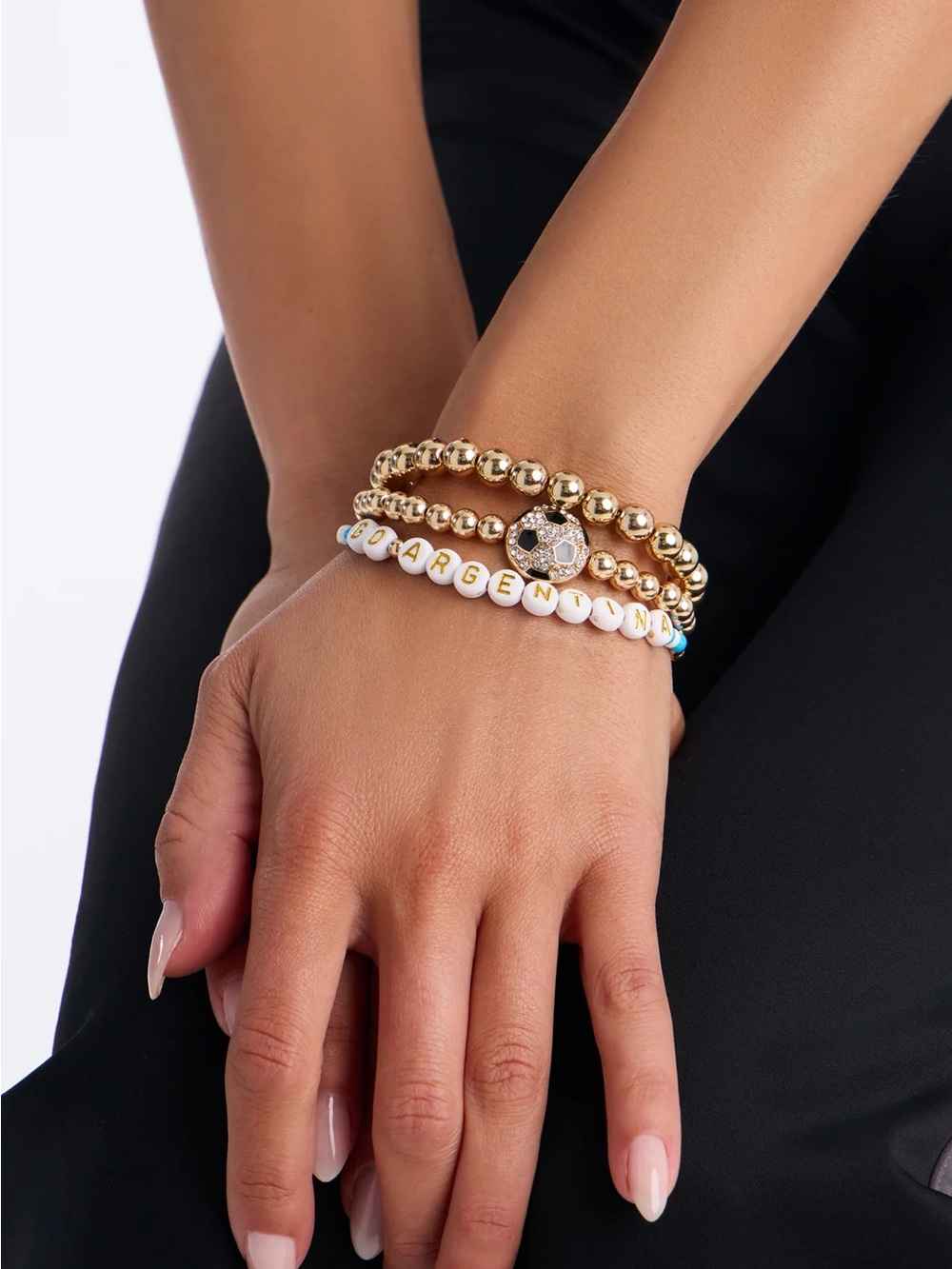 Gold Beaded Stack Bracelet with White Letter Beads
